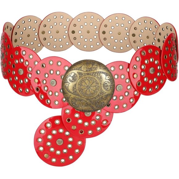 Women Women\'s Vintage Leather Belt Western Disc Waist Belts Belt Red Silver Buckle